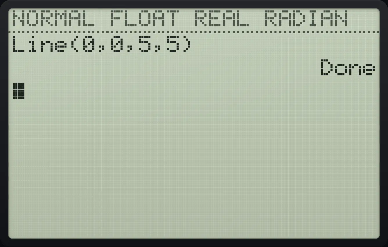 Result of the example "A diagonal line" The display shows: Line(0,0,5,5) / Done.