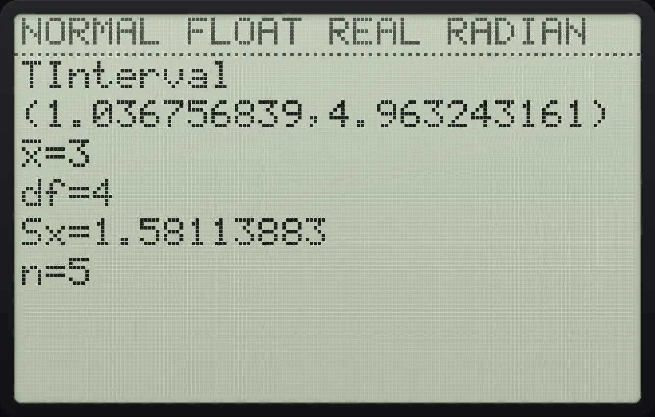 Result of the example "TInterval from a list" The display shows: TInterval / (1.036756839,4.963243161) / x̄=3 / df=4 / Sx=1.58113883 / n=5.