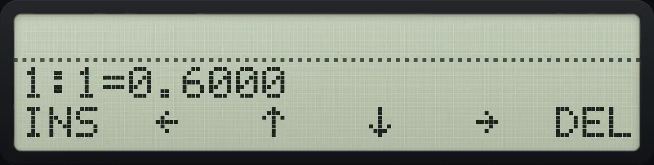Result of the example "Unit vector of (3, 4)" The display shows: 1:1=0.6000 / INS ← ↑ ↓ → DEL.