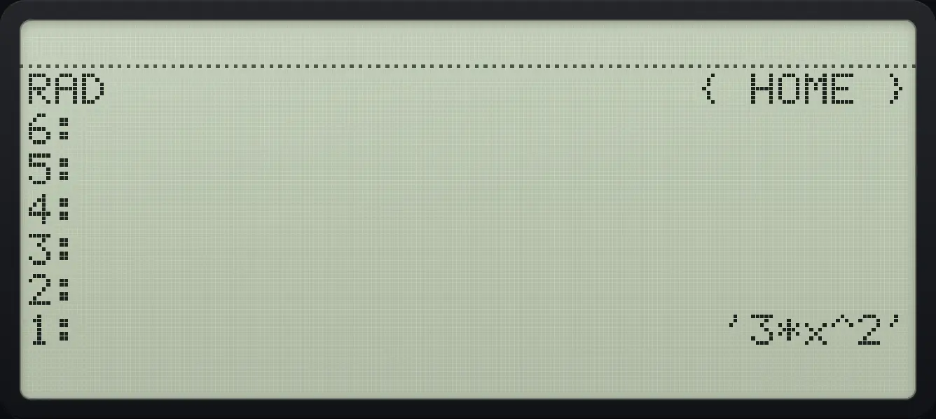 Result of the example "Derivative of x cubed" The display shows: RAD                      { HOME } / 6: / 5: / 4: / 3: / 2: / 1:                        '3*x^2'.