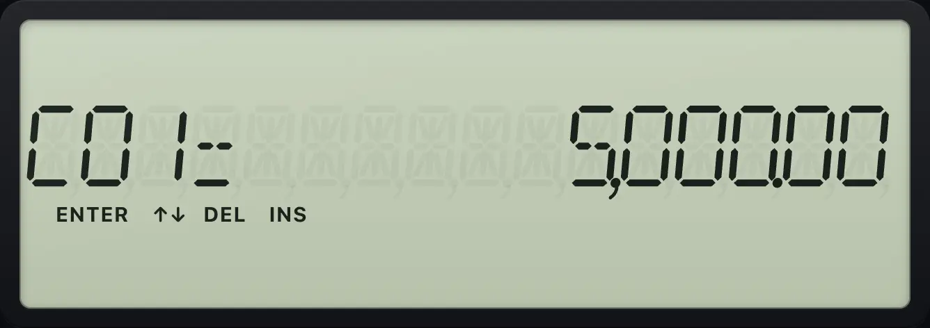 Result of the example "Delete a cash flow" The display shows: C01= 5,000.00.