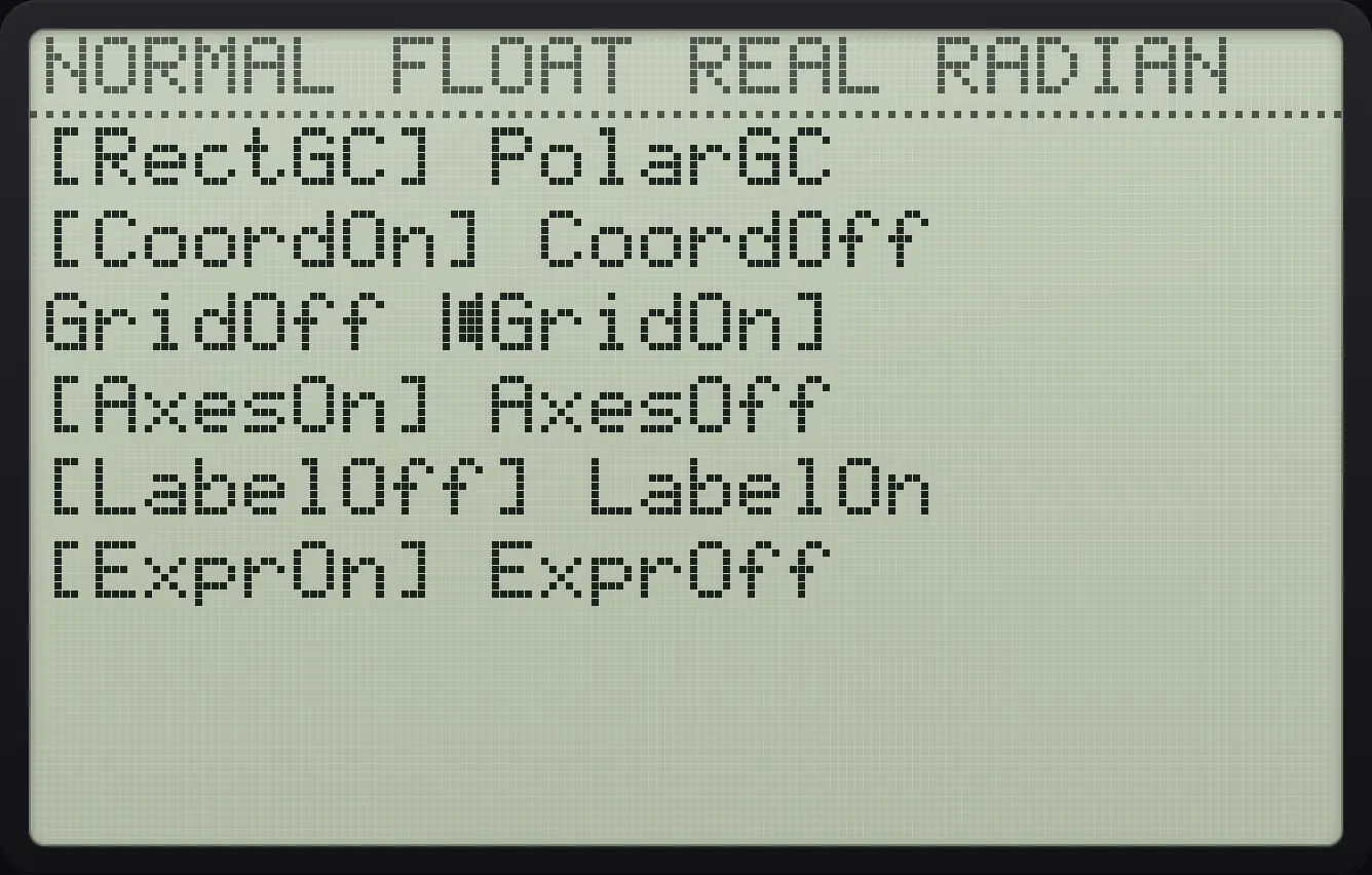 Result of the example "Turn the grid on" The display shows: [RectGC] PolarGC / [CoordOn] CoordOff / GridOff [GridOn] / [AxesOn] AxesOff / [LabelOff] LabelOn / [ExprOn] ExprOff.