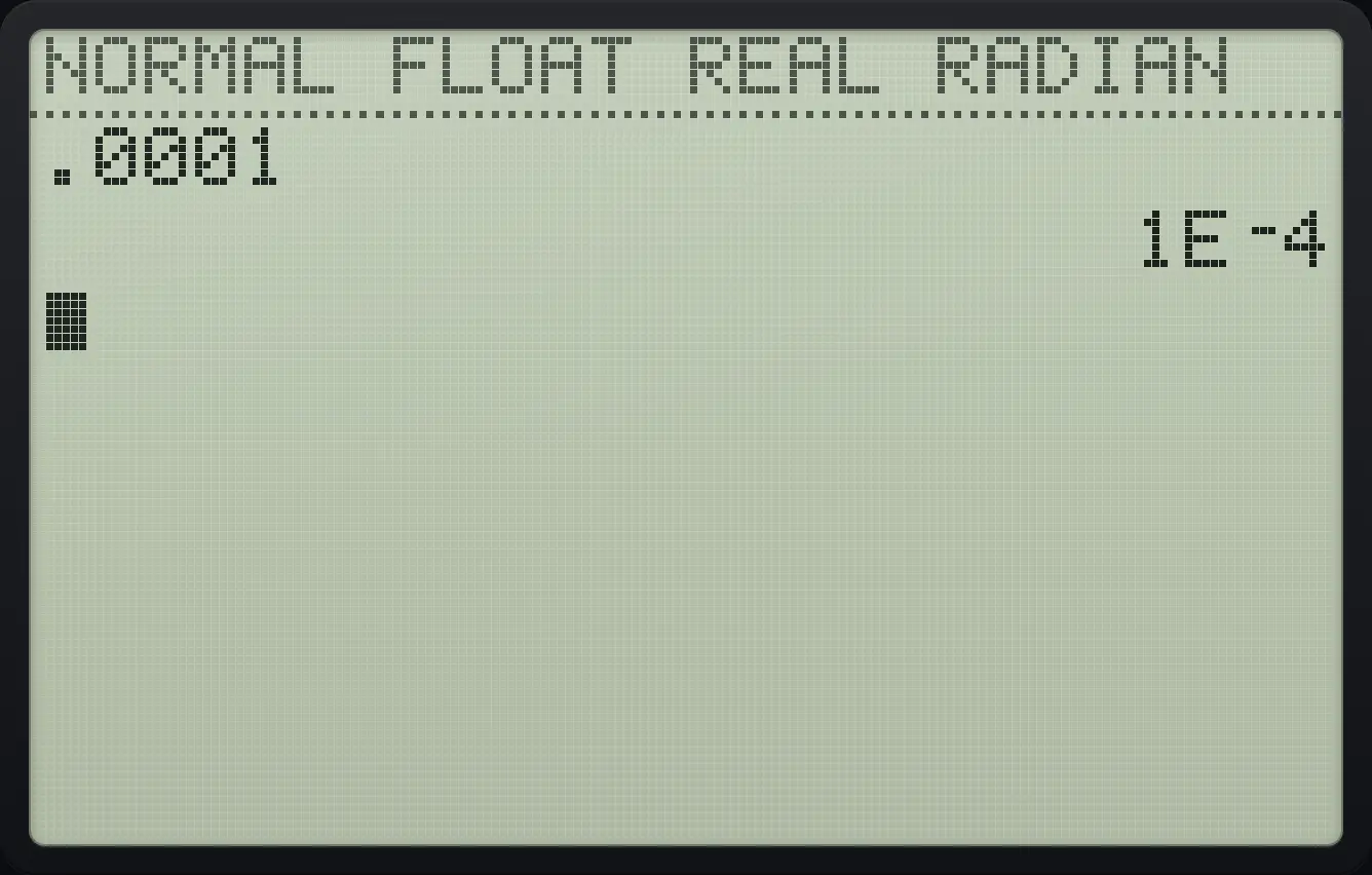 Result of the example "A tiny number" The display shows: .0001 / 1E⁻4.