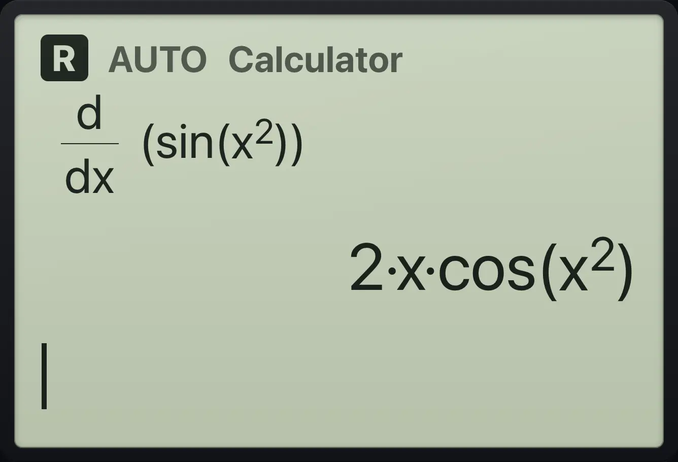 Result of the example "Derivative of sin(x²)" The display shows: d/dx(sin(x^2)) / 2·x·cos(x^2).