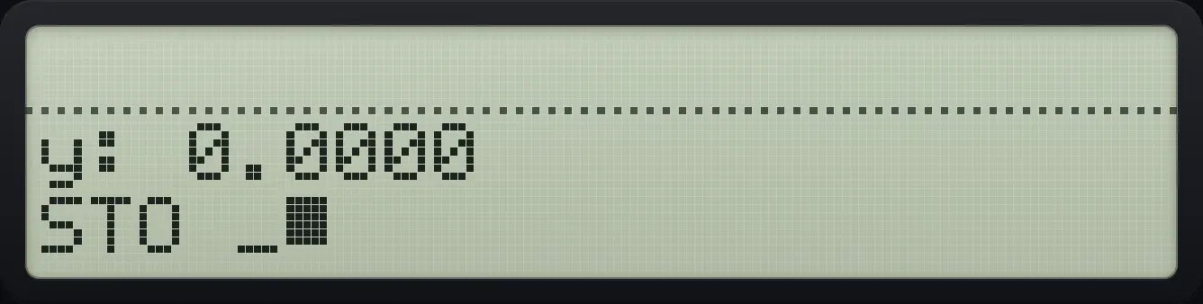 The STO prompt waits for a two-digit register number. The display shows: y: 0.0000 / STO __.