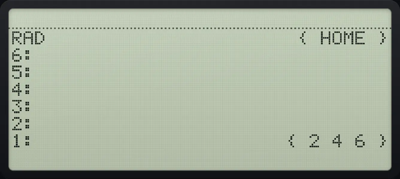 Result of the example "Scale a list" The display shows: RAD                      { HOME } / 6: / 5: / 4: / 3: / 2: / 1:                      { 2 4 6 }.