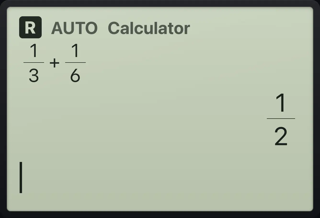 Result of the example "Add fractions with the fraction template" The display shows: 1/3+1/6 / 1/2.
