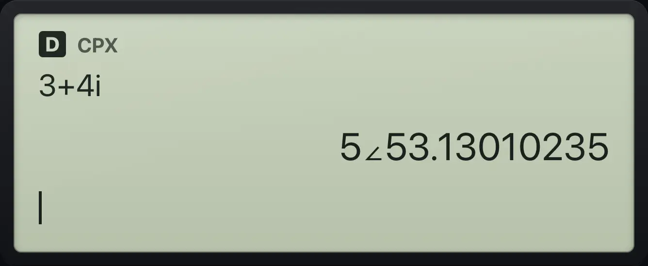 Result of the example "Polar answer" The display shows: 3+4i / 5∠53.13010235.