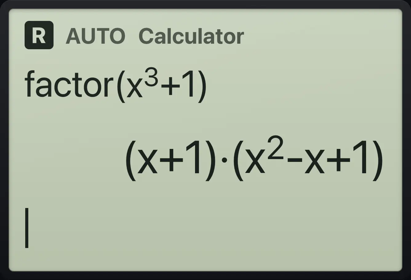 Result of the example "Sum of cubes" The display shows: factor(x^3+1) / (x+1)·(x^2-x+1).