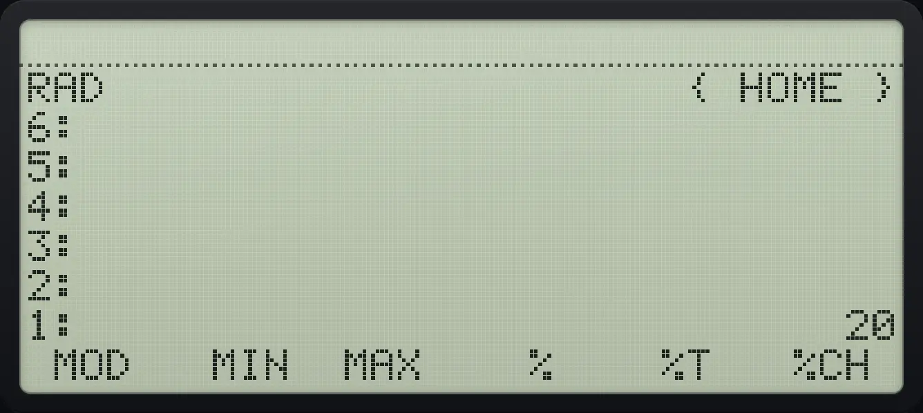 Result of the example "Percent change from 50 to 60" The display shows: RAD                      { HOME } / 6: / 5: / 4: / 3: / 2: / 1:                             20 /  MOD   MIN  MAX    %    %T   %CH .