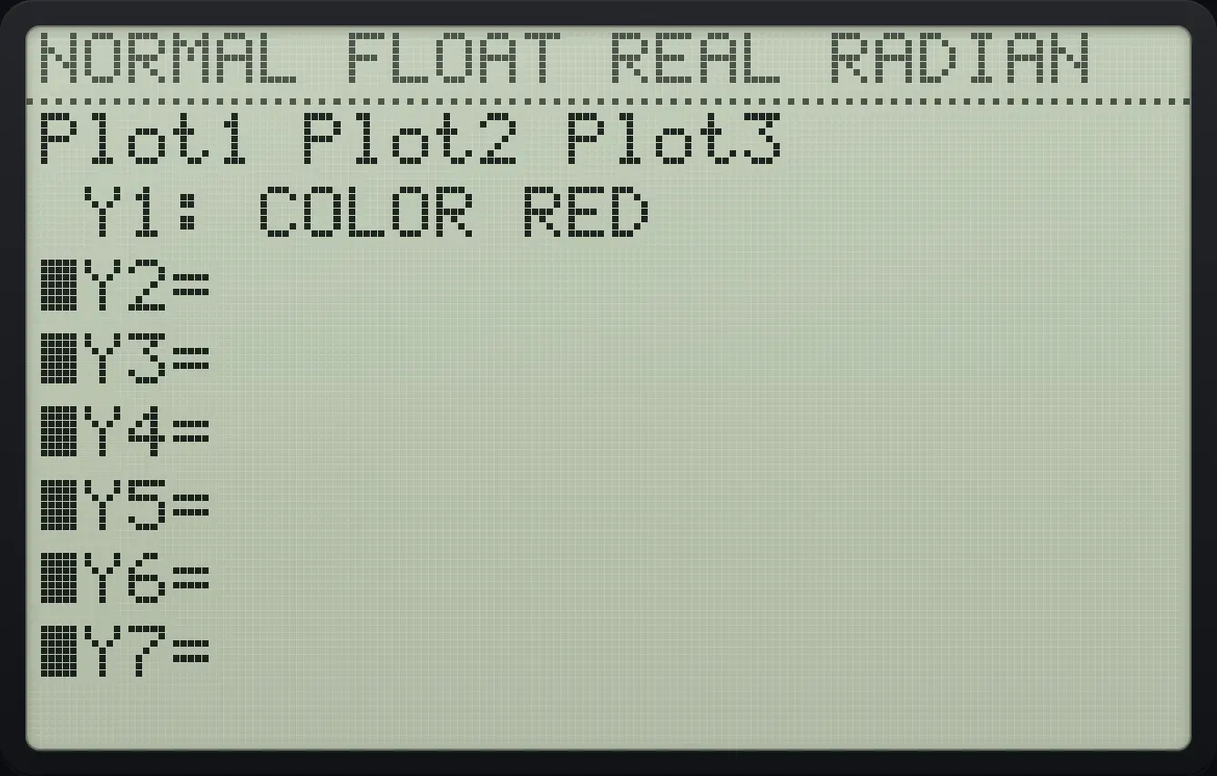Result of the example "Make Y1 red" The display shows: Plot1 Plot2 Plot3 / ■Y1: COLOR RED / ■Y2= / ■Y3= / ■Y4= / ■Y5= / ■Y6= / ■Y7=.