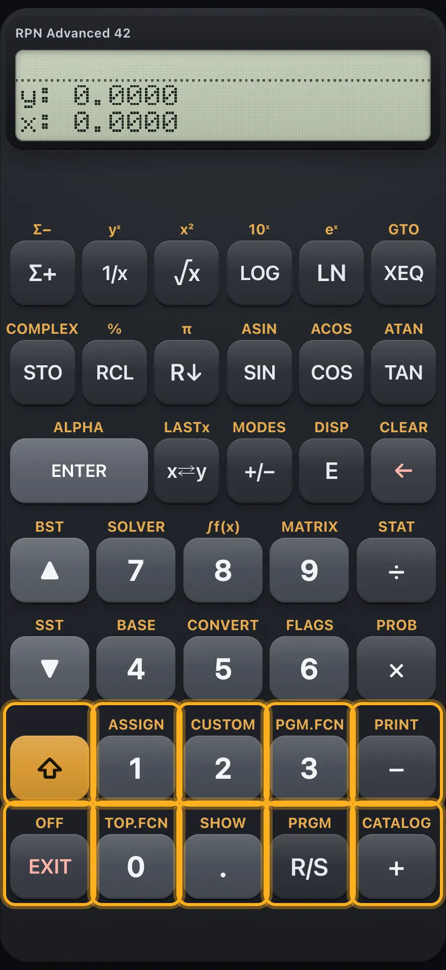 The bottom rows of the keypad. The display shows: y: 0.0000 / x: 0.0000.