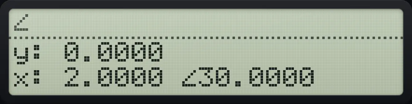 Result of the example "Enter a number by radius and angle" The display shows: y: 0.0000 / x: 2.0000 ∠30.0000.