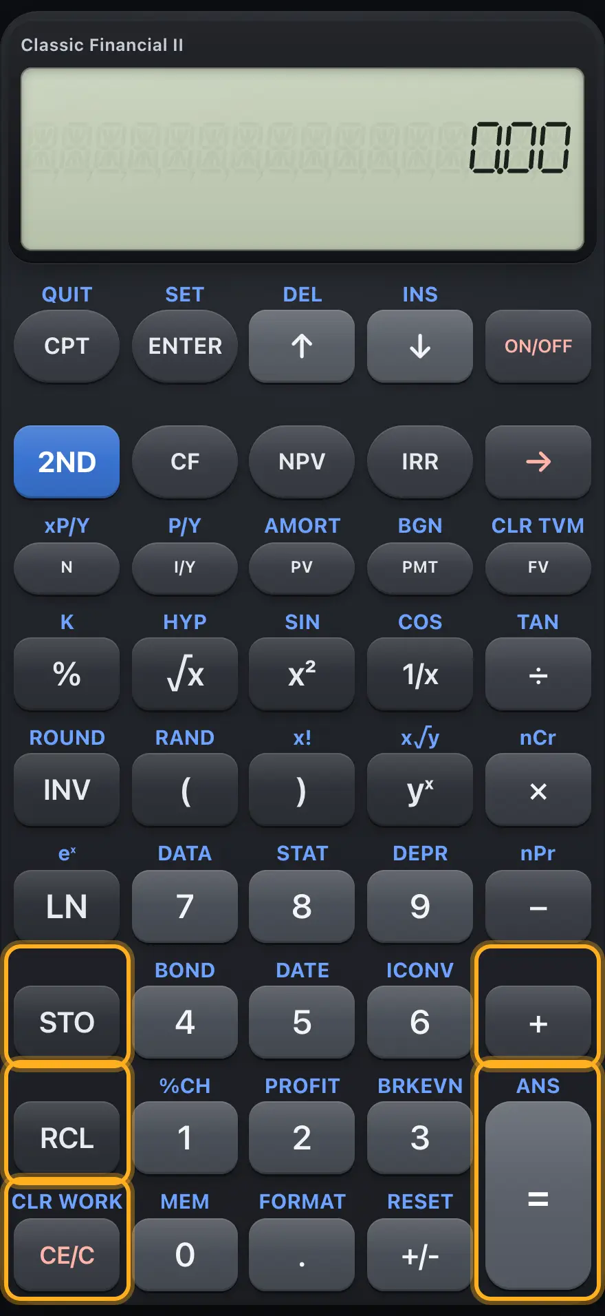 Memory, arithmetic and clear keys. The display shows:              0.00.