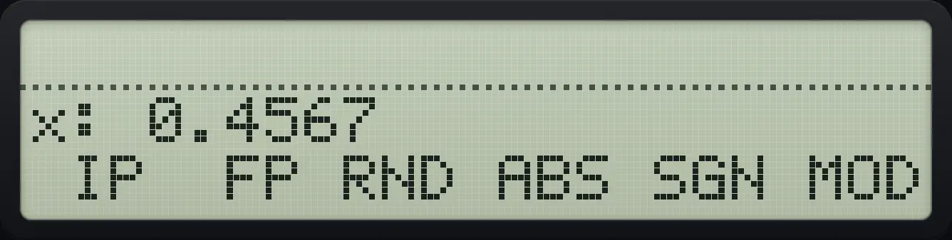 Result of the example "Fraction part of 2.4567" The display shows: x: 0.4567 / IP FP RND ABS SGN MOD.