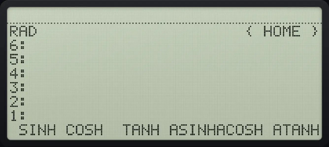 MTH page 4: the hyperbolic functions. The display shows: RAD { HOME } / 6: / 5: / 4: / 3: / 2: / 1: / SINH COSH TANH ASINHACOSH ATANH.