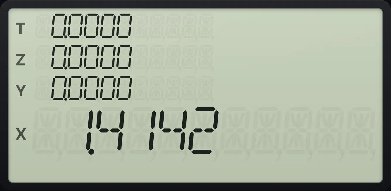 Result of the example "Show four decimals" The display shows: 0.0000 / 0.0000 / 0.0000 / 1.4142.