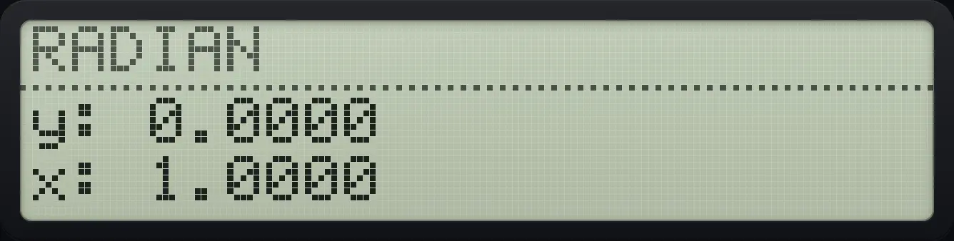Result of the example "Sine of pi over 2 in radians" The display shows: y: 0.0000 / x: 1.0000.