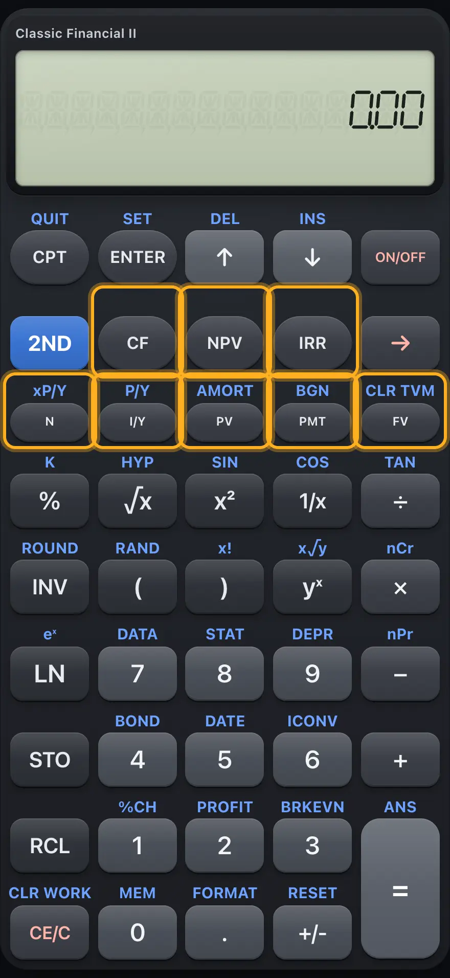 The cash-flow row and the time-value-of-money row. The display shows:              0.00.