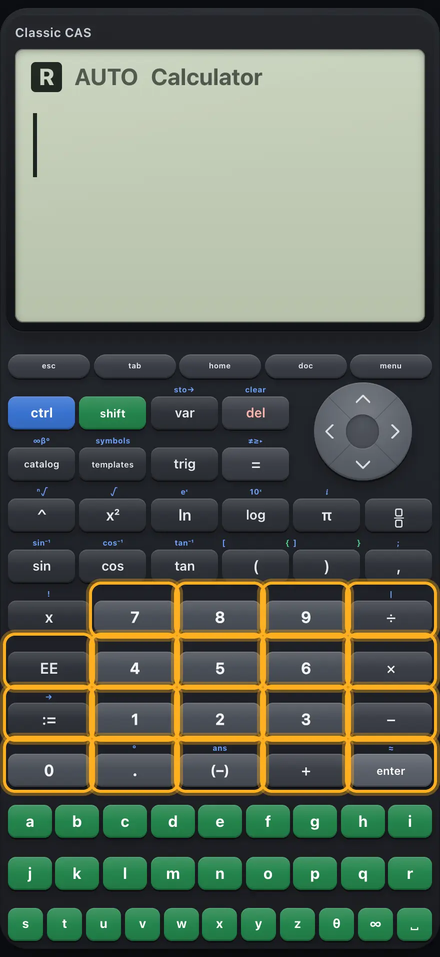 The number pad and operator keys.