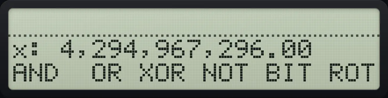 Result of the example "Rotate right" The display shows: x: 4,294,967,296.00 / AND  OR XOR NOT BIT ROT.