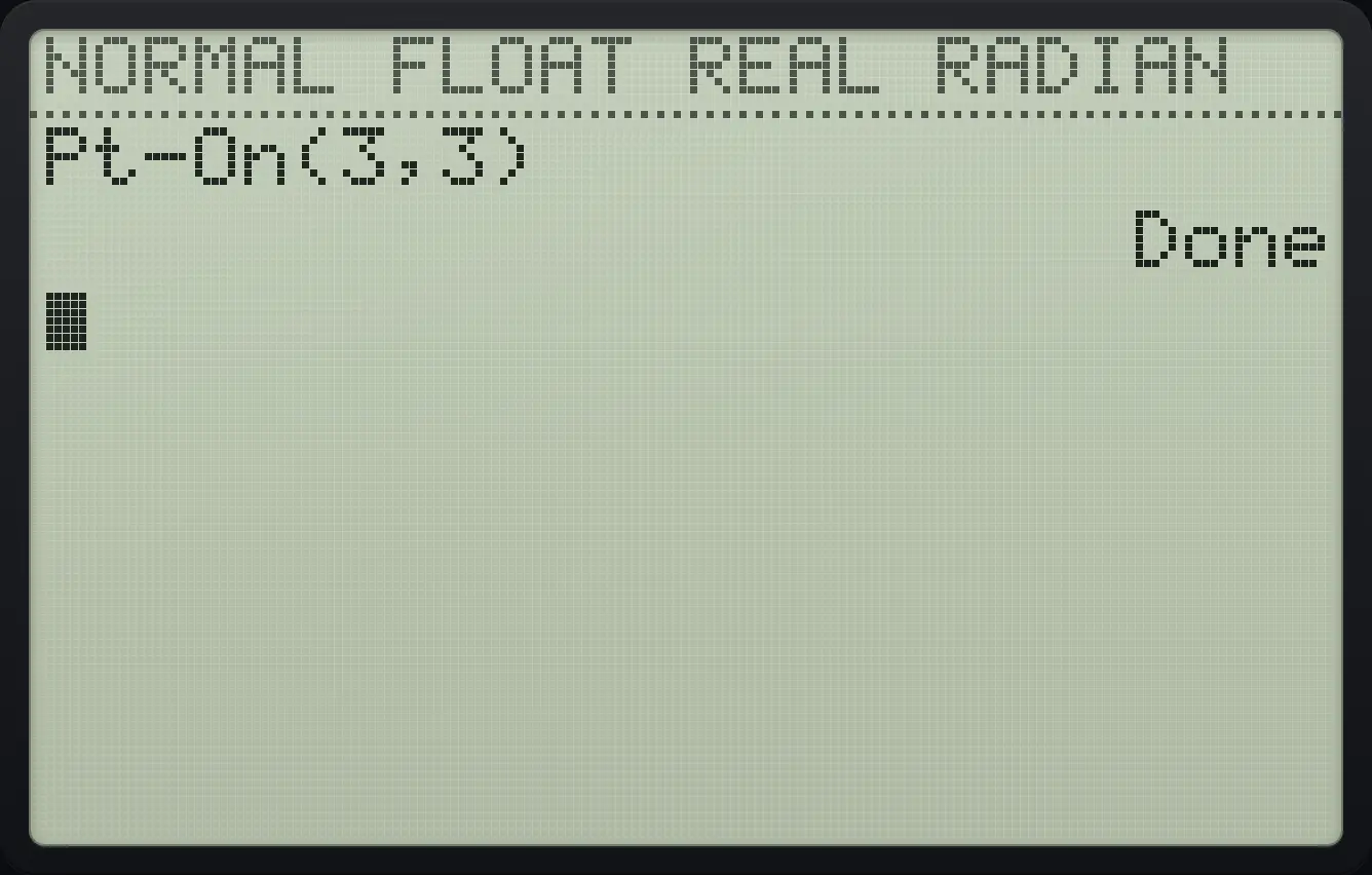 Result of the example "Plot a point" The display shows: Pt-On(3,3) / Done.