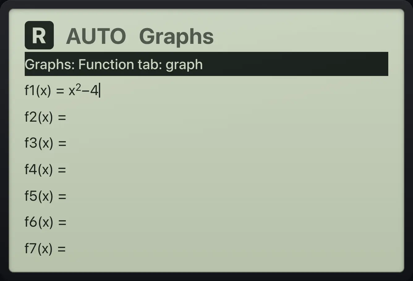 After step 1: Press doc, then type x² − 4. The display shows: Graphs: Function   tab: graph / f1(x)=x^2−4 / f2(x)= / f3(x)= / f4(x)= / f5(x)= / f6(x)= / f7(x)=.