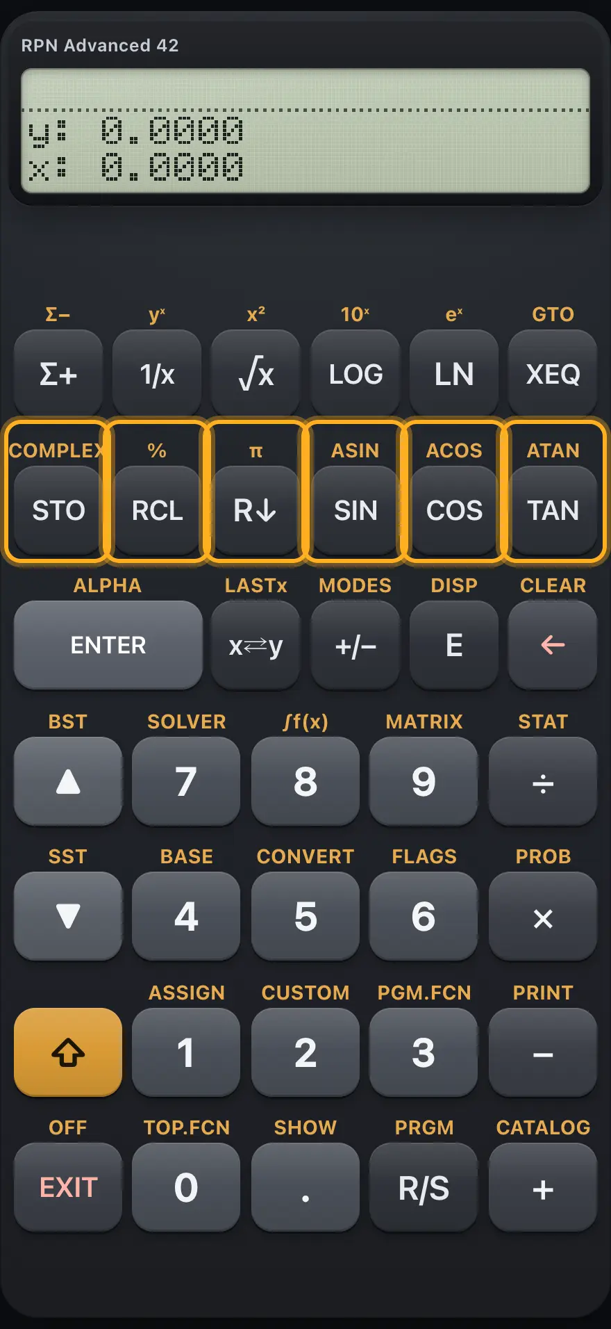 Storage, roll-down and the trigonometric keys. The display shows: y: 0.0000 / x: 0.0000.