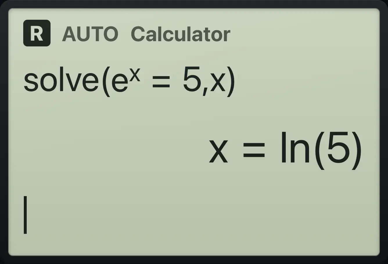 Result of the example "An exponential" The display shows: solve(e^x=5,x) / x=ln(5).