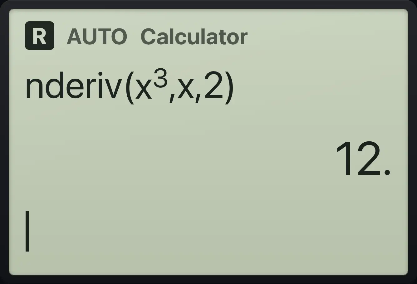 Result of the example "Numeric derivative" The display shows: nderiv(x^3,x,2) / 12..