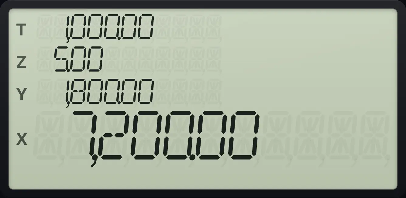 Result of the example "The remaining value after year 1" The display shows:  1,000.00 /  5.00 /  1,800.00 /  7,200.00.