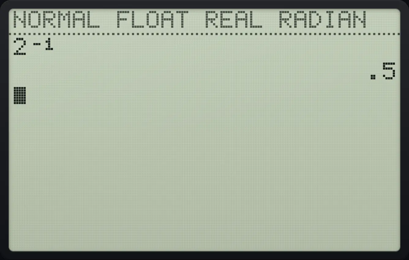 Result of the example "Take a reciprocal" The display shows: 2⁻¹ / .5.