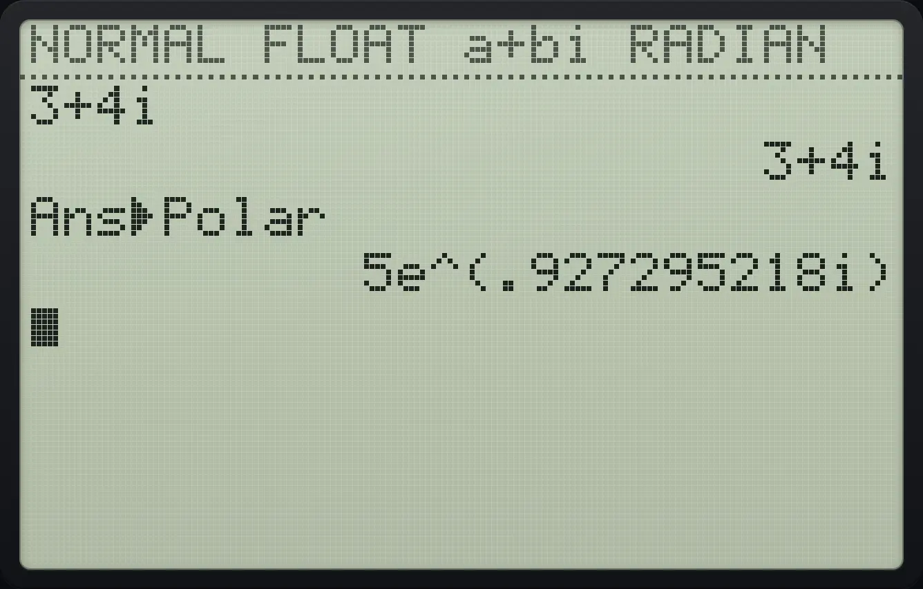 Result of the example "Polar form" The display shows: 3+4i / 3+4i / Ans►Polar / 5e^(.927295218i).