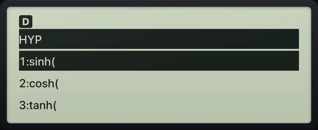 The HYP menu (2nd then pi). The display shows: HYP / 1:sinh( / 2:cosh( / 3:tanh(.