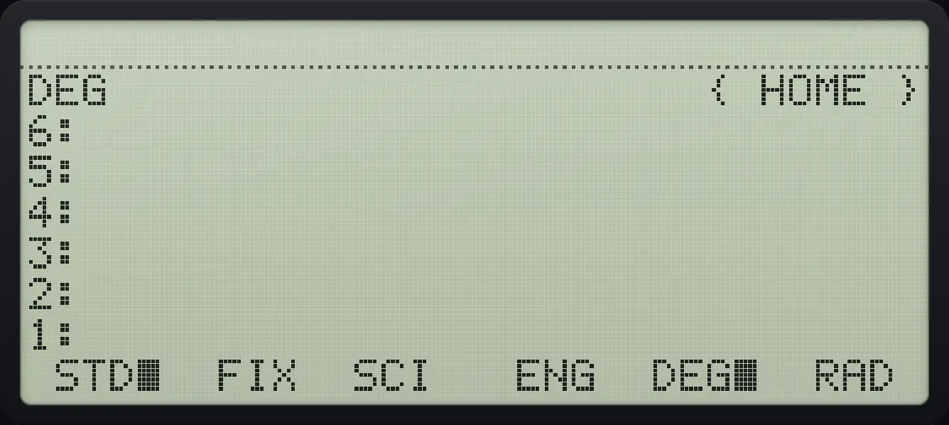 After step 1: Press DEG (fifth key). The status line says DEG. The display shows: DEG { HOME } / 6: / 5: / 4: / 3: / 2: / 1: / STD■ FIX SCI ENG DEG■ RAD .