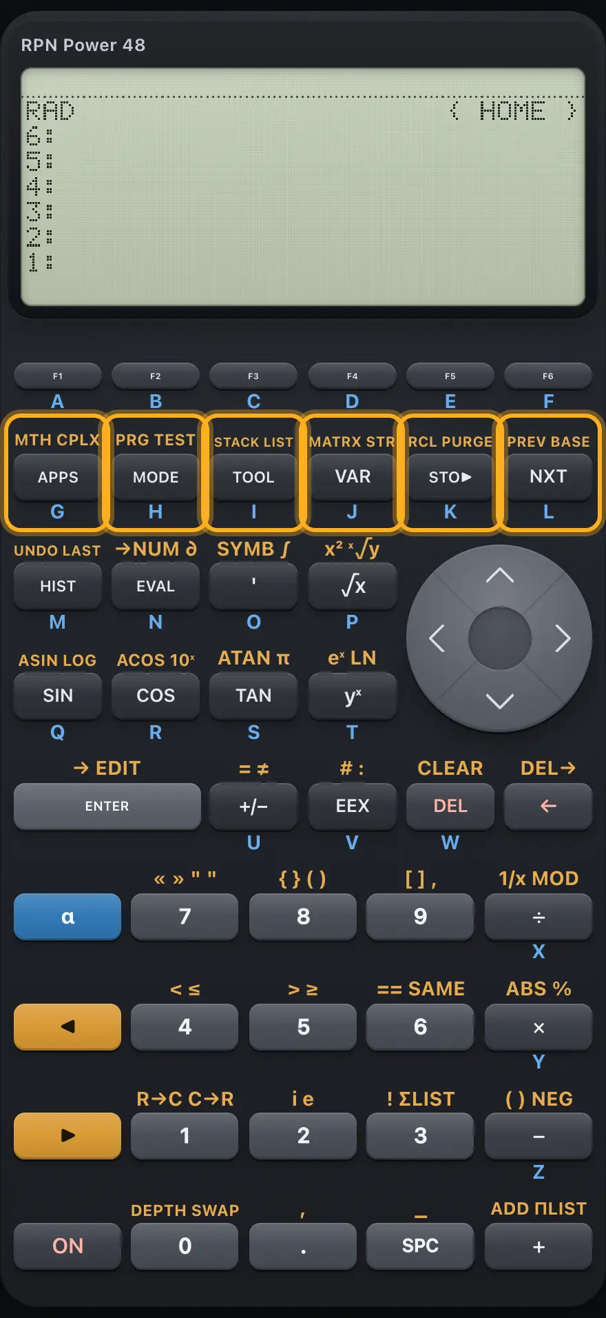 The menu keys. The display shows: RAD                      { HOME } / 6: / 5: / 4: / 3: / 2: / 1:.