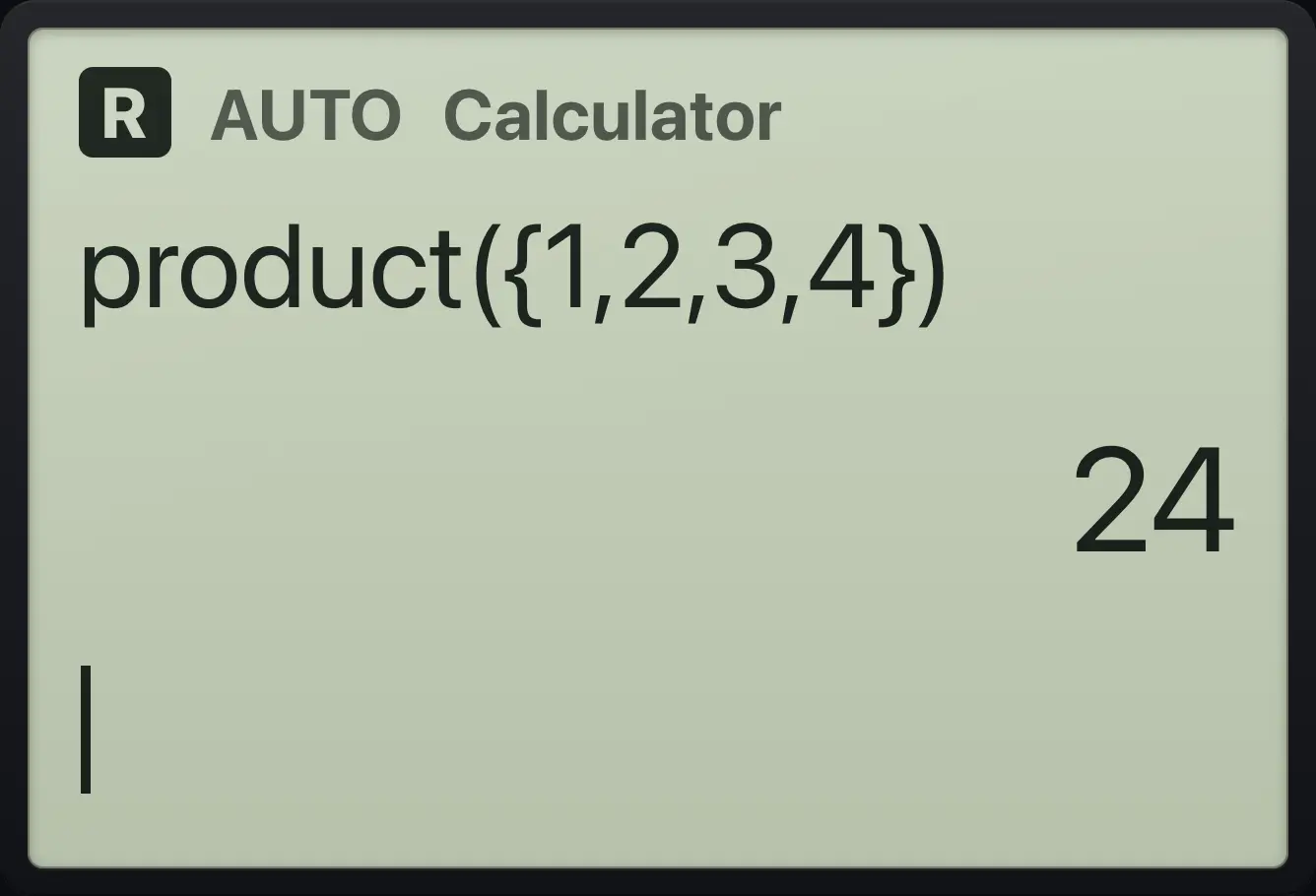 Result of the example "Sum and product" The display shows: product({1,2,3,4}) / 24.