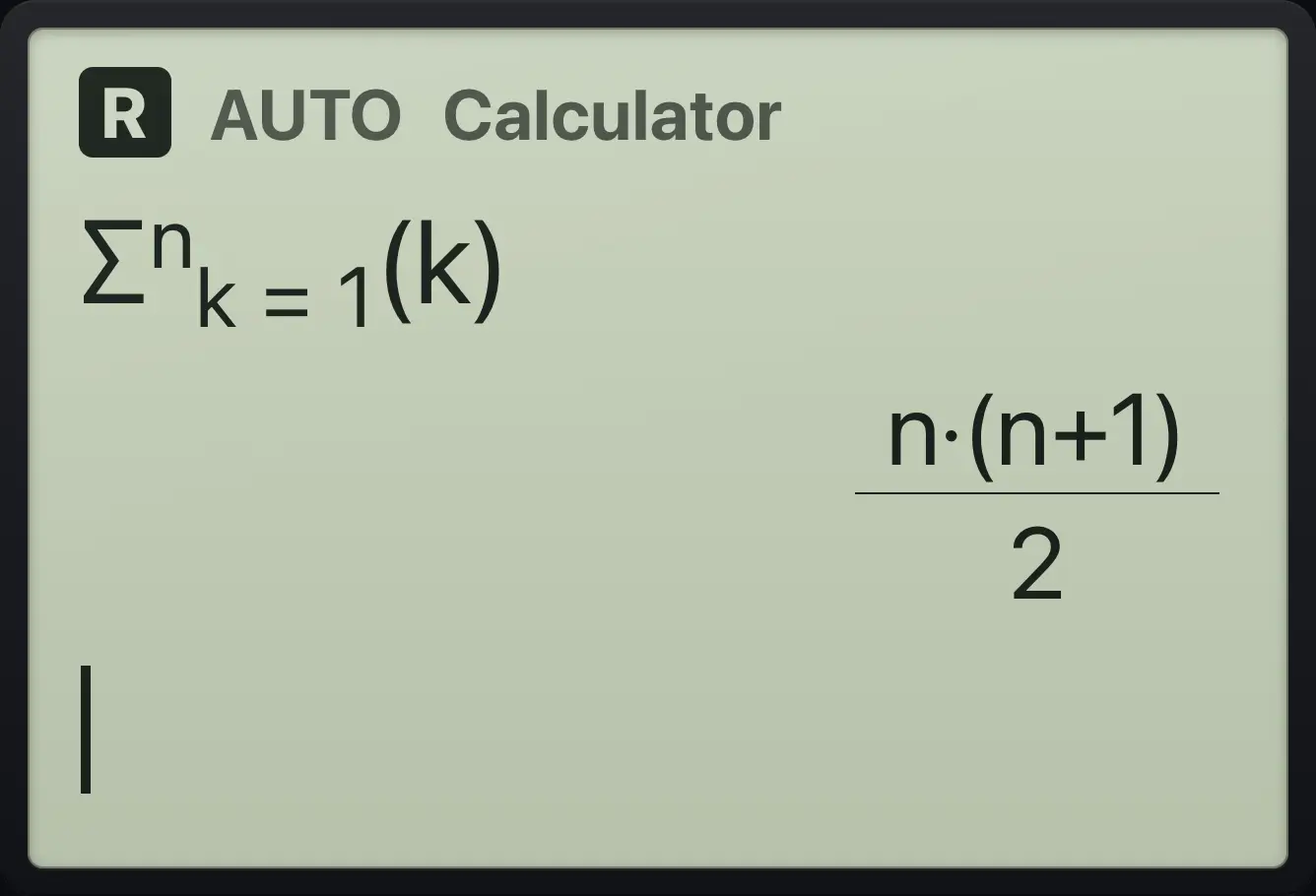Result of the example "Sum with a symbolic end" The display shows: Σ(k,k,1,n) / n·(n+1)/2.