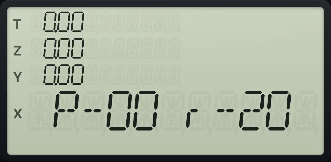 Result of the example "Check memory" The display shows: P-00 r-20 / 0.00 / 0.00 / 0.00 / 0.00.