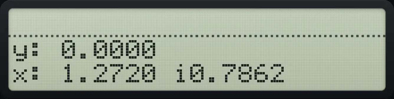 Result of the example "Square root of 1+2i" The display shows: y: 0.0000 / x: 1.2720 i0.7862.