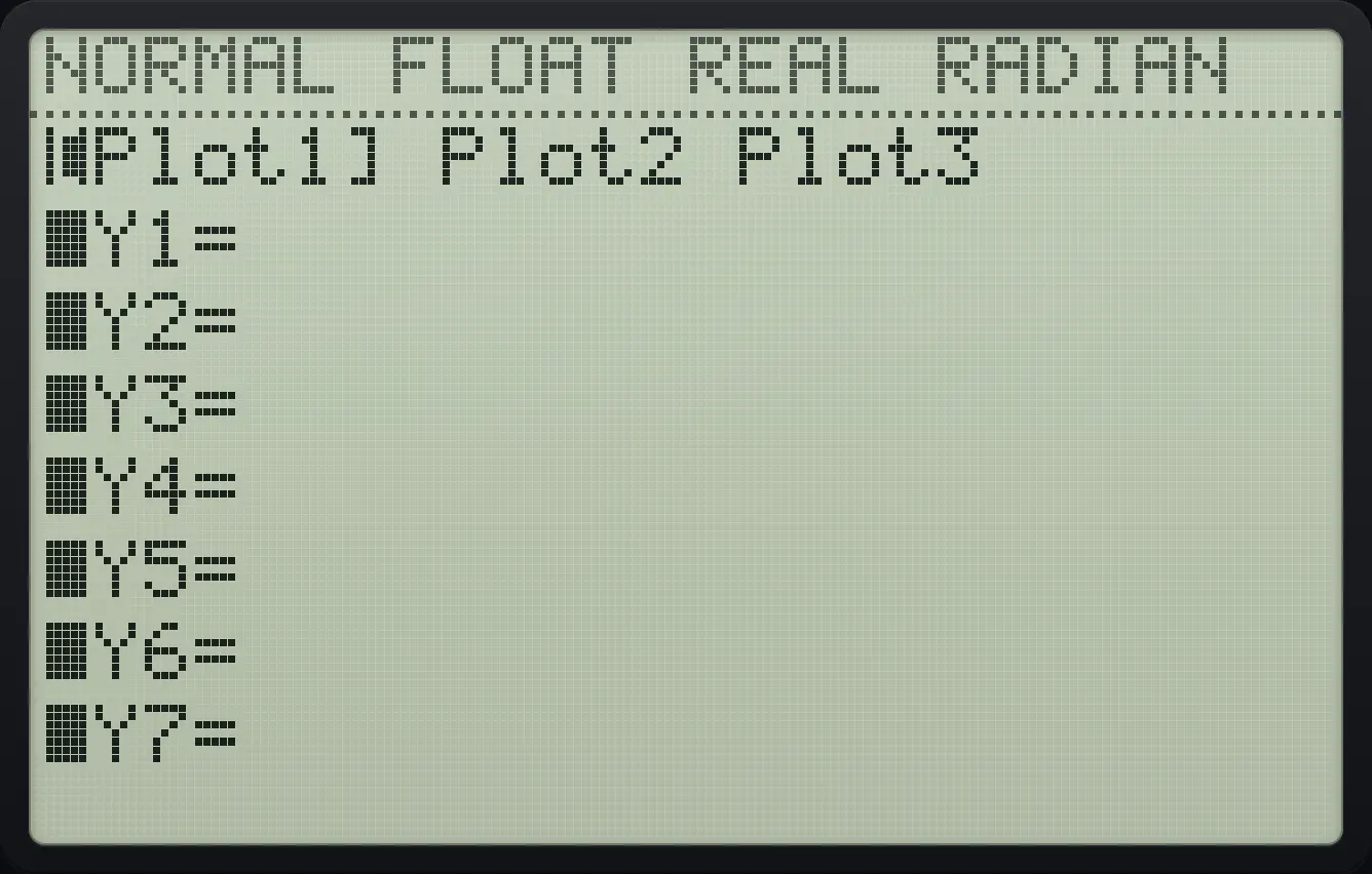 Result of the example "Switch Plot1 on" The display shows: [Plot1] Plot2 Plot3 / ■Y1= / ■Y2= / ■Y3= / ■Y4= / ■Y5= / ■Y6= / ■Y7=.