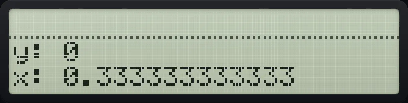 Result of the example "Show every digit with ALL" The display shows: y: 0 / x: 0.333333333333.