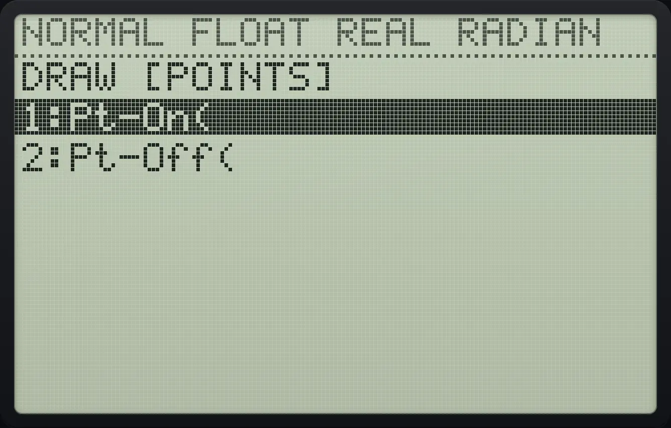 The POINTS tab. The display shows: DRAW [POINTS] / 1:Pt-On( / 2:Pt-Off(.