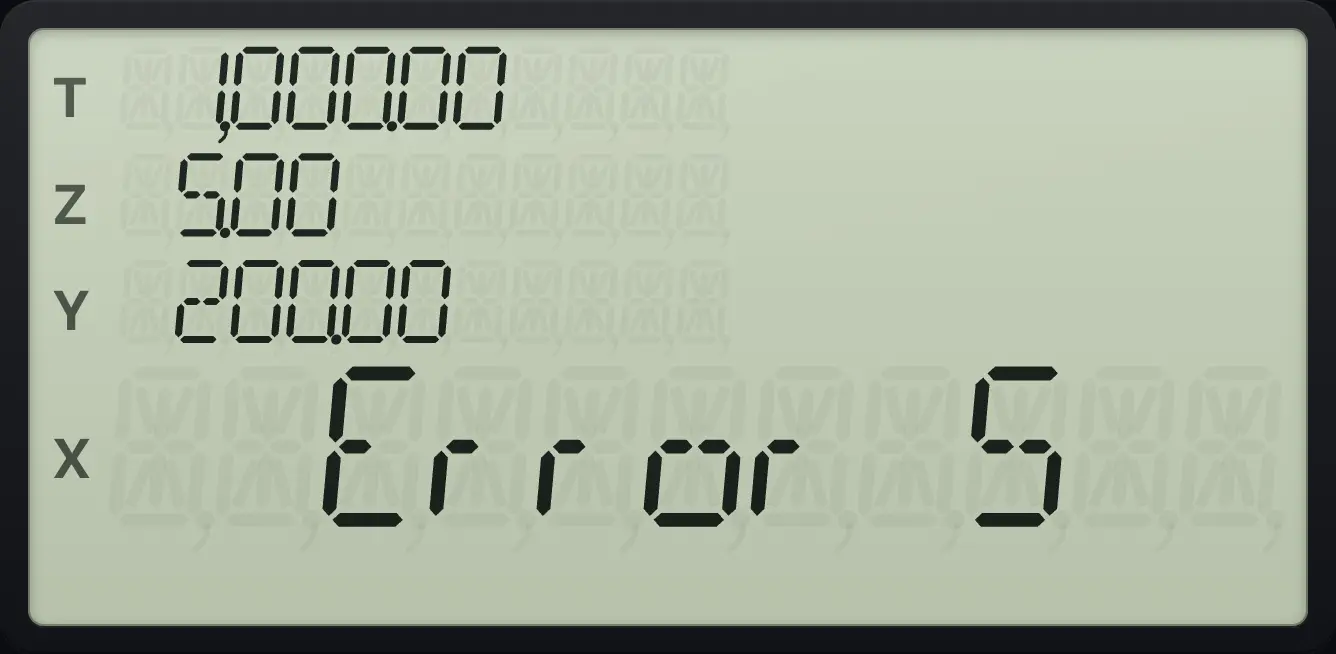 Result of the example "Year 0 is an error" The display shows:   Error 5 /  1,000.00 /  5.00 /  200.00 /  0.00.