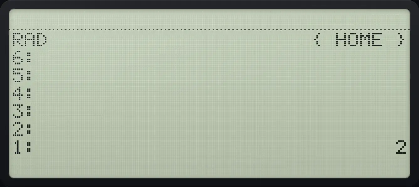 After step 2: Add the top two, then divide. The display shows: RAD { HOME } / 6: / 5: / 4: / 3: / 2: / 1: 2.