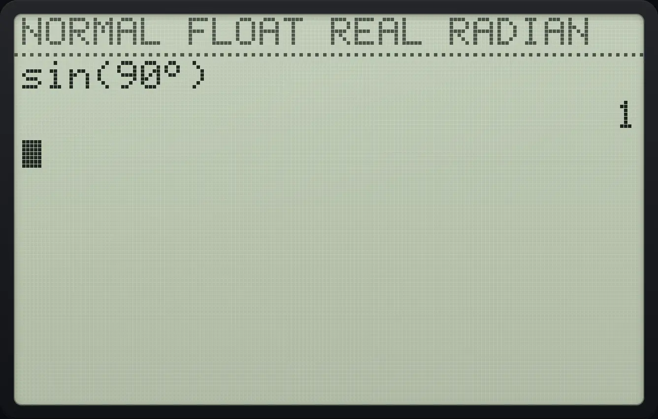 Result of the example "Mark one angle as degrees without changing the mode" The display shows: sin(90°) / 1.