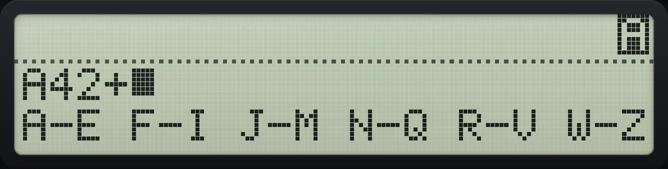 Result of the example "Digits and symbols" The display shows: A42+_ / A-E F-I J-M N-Q R-V W-Z.