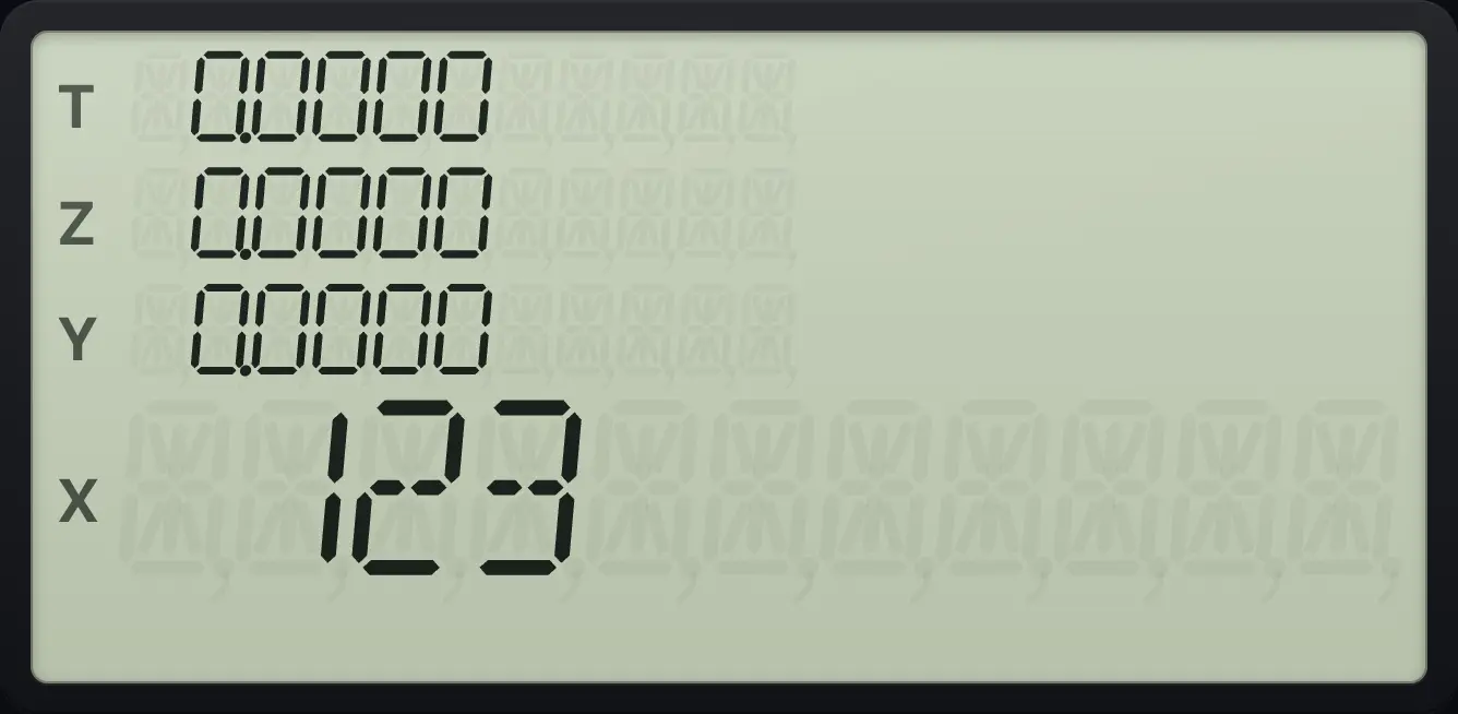 While typing: the display shows exactly the digits you have keyed in. The display shows: 0.0000 / 0.0000 / 0.0000 / 123.0000 / 123.