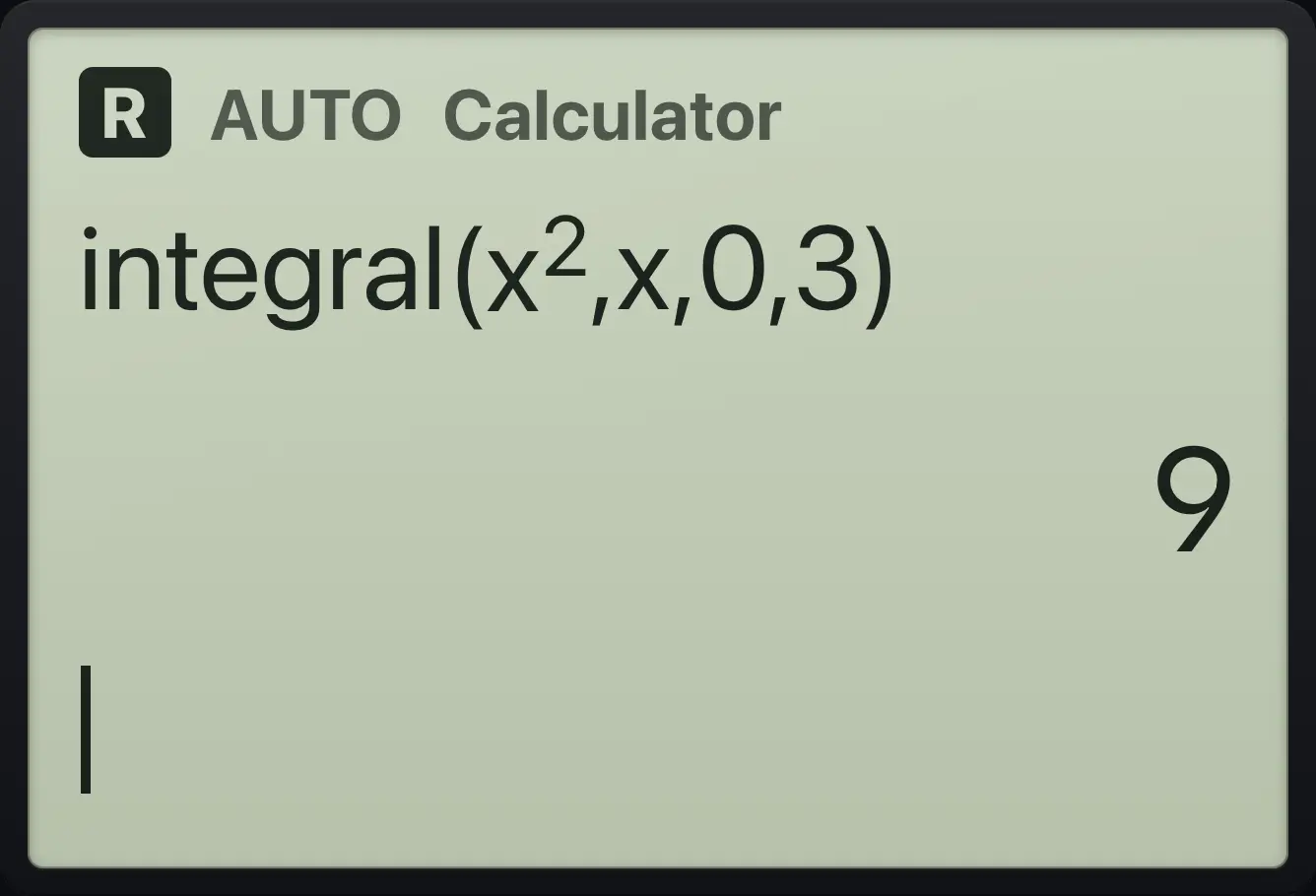 Result of the example "Definite integral by typing" The display shows: integral(x^2,x,0,3) / 9.