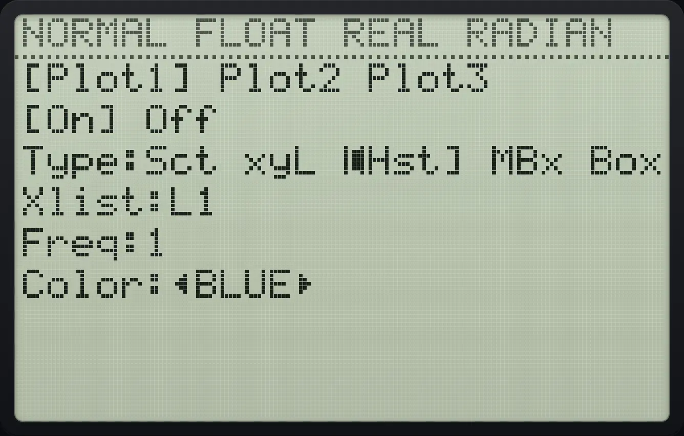 Result of the example "Choose the histogram type" The display shows: [Plot1] Plot2 Plot3 / [On] Off / Type:Sct xyL [Hst] MBx Box / Xlist:L1 / Freq:1 / Color:◀BLUE▶.